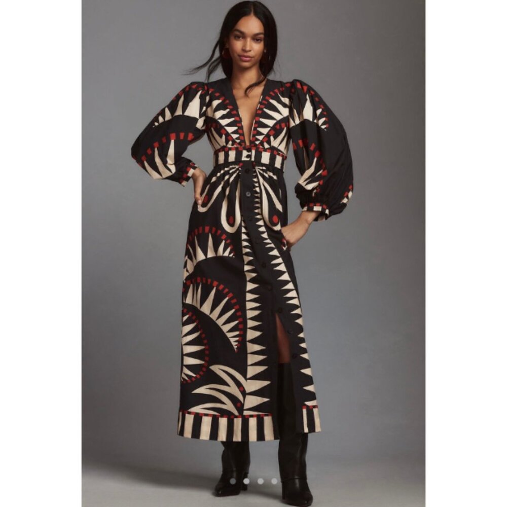 Farm Rio Coconut Grove Puff Sleeve V-Neck Maxi Dress Black Women's Size XS - Picture 1 of 9